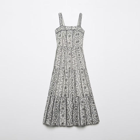 Sonicelife Retro Eyelet Embroidered Women Dress Ruffle Square Neck Elastic Band Smocked Corset Summer Dresses Long Boho Maix Dress