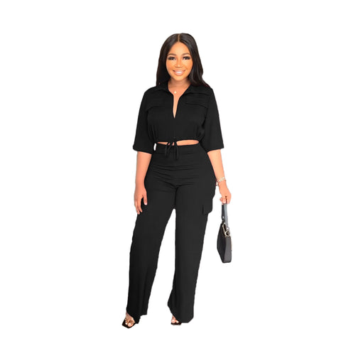 Sonicelife 2024 Autumn New Fall Outfits Elegant Women Set Half Sleeve Blouse And Straight Wide Leg Safari Pants Set Fashion Tracksuit Two Piece Set Outfits