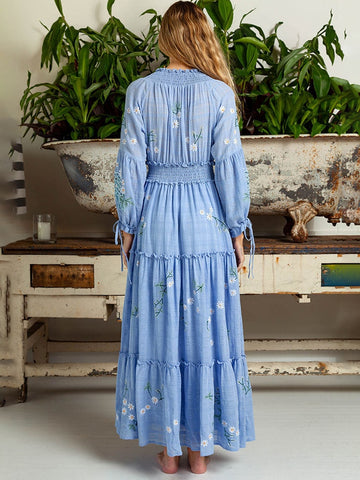 Sonicelife Floral Embroidery Long Dress Women Autumn Elastic Waist A Line  Printed Dresses Bohemian Retro V-neck Lantern Sleeve Robe