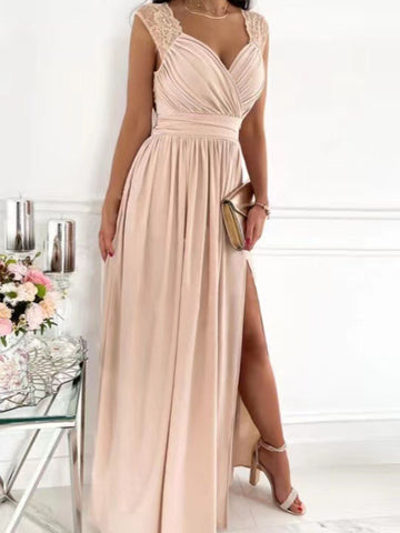 Sonicelife  Elegant Ladies Slim Pleated Maxi Beach Dress 2023 Women's Dresses Lace Stitching Side Slit Cover-Ups  Long Sundress Vestidos