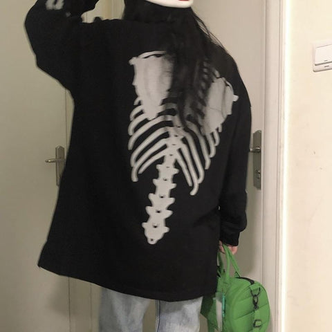 Sonicelife  Gothic Streetwear Skeleton Grey Oversize Hoodies Women Punk Harajuku Hip Hop Black Sweatshirt Female Pullover White Top