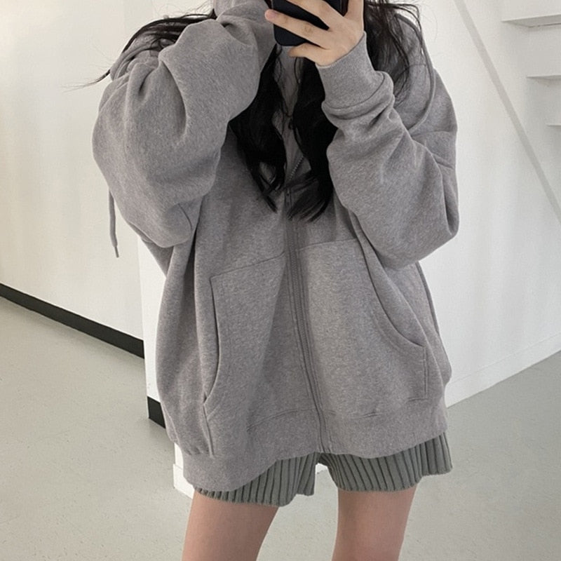 Sonicelife Early Autumn New border Autumn/Winter Zipper Hooded Sweater Women's Loose Cardigan Top Grey Plush Thickened Plush Solid Coat