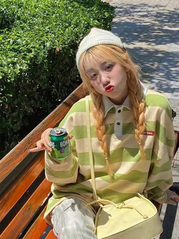 Sonicelife  Kawaii Green T-Shirts Women Korean Fashion Oversize Long Sleeve Striped Print Tshirt Female Spring Autumn Tops Girl