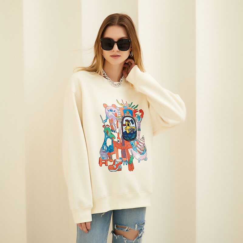 Sonicelife Long Sleeve Korean Fashion Style Streetwear Oversized Winter Autumn Warm Fleece Graphic Pullover Crewneck Sweatshirt Women 2024