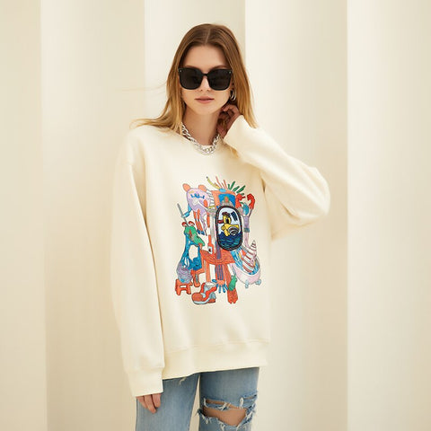 Sonicelife Long Sleeve Korean Fashion Style Streetwear Oversized Winter Autumn Warm Fleece Graphic Pullover Crewneck Sweatshirt Women 2024