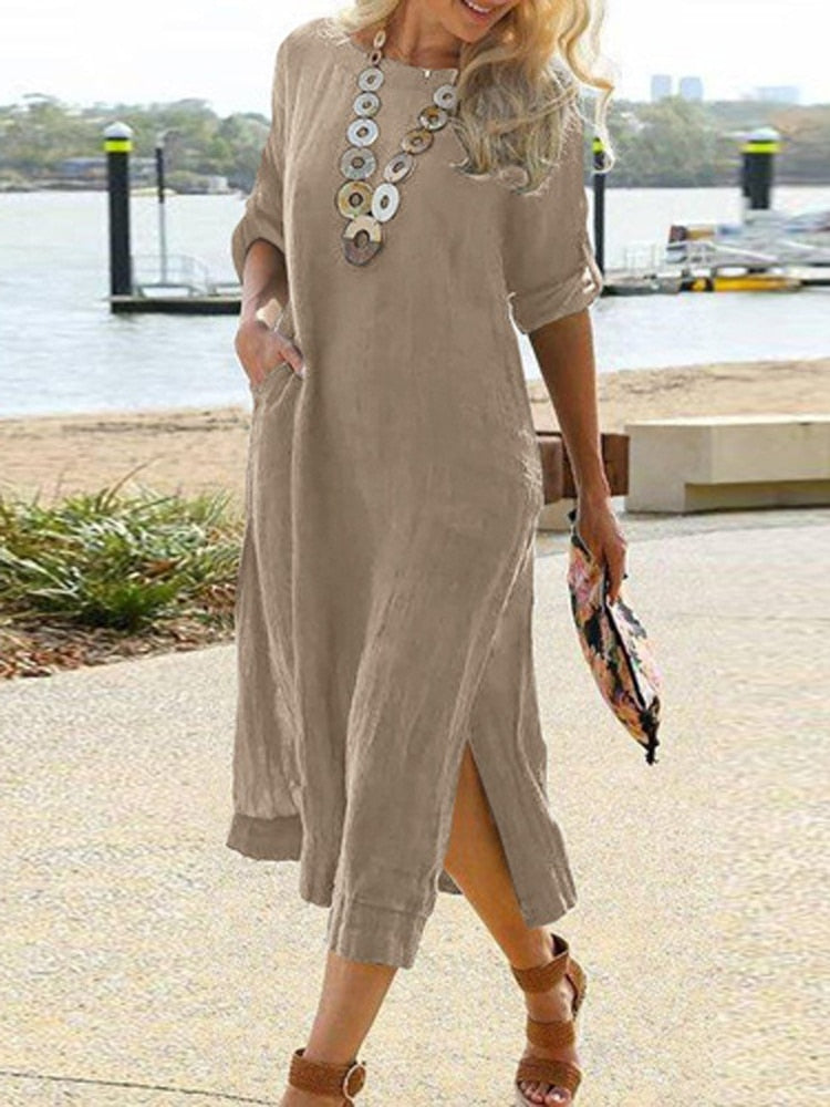 Sonicelife  Casual Pocket Long Sleeve Loose Slit Beach Dresses 2022 Harajuku Breathable Cover-Ups Vintage Women Solid Cotton Linen Sundress