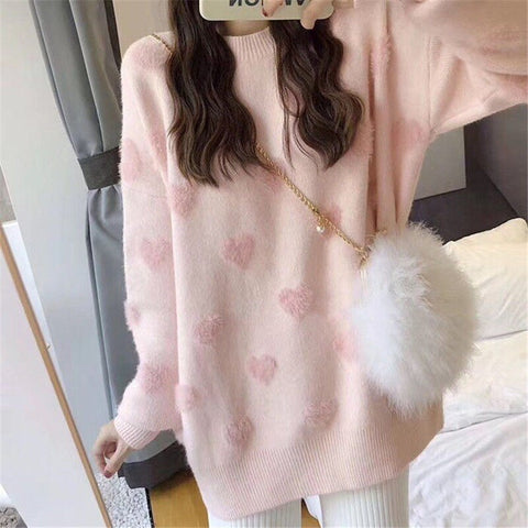 Sonicelife  Korean Style Heart Print Knitted Sweater Women Kawaii Pink Oversize Creweck Long Sleeve Jumper Causal Pullover Tops