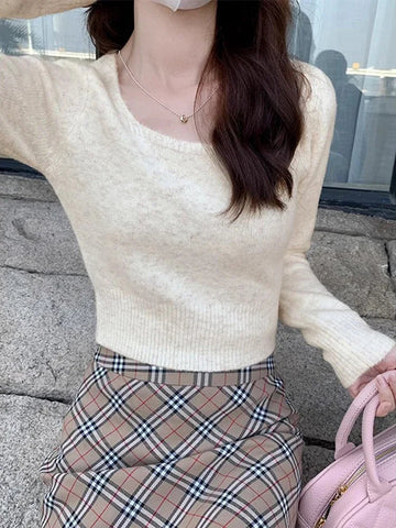 Sonicelife Women Crop Knit Sweater New Knitted Sweater Pullover Long Sleeve Slim Fit Tops Korean Style Winter Women‘s Clothing 2024