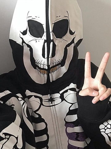 Black Friday Sonicelife Y2K Gothic Zip Up Hoodies Women Punk Oversized Skull Skeleton Print Sweatshirts Black Hip Hop Loose Tops Jacket Grunge