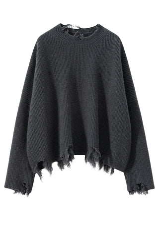 Sonicelife 2024 Autumn and Winter Women's New Irregular Raw Edge Round Neck Short Tassel Cashmere Sweater