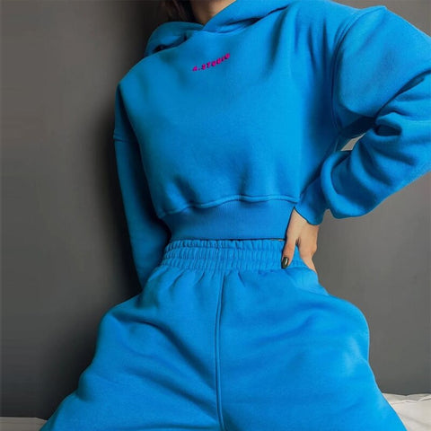 Sonicelife  Fashion High Street Letter Hoodies + Elastic Waist Pocket Sweatpants Autumn Winter Fleece Women Tracksuits Solid Two Piece Sets