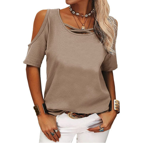 Sonicelife  2024  Cold Shoulder Women Tee Shirts Solid Tops Cross O Neck Short Sleeves Summer Casual Loose Office Lady Tshirt