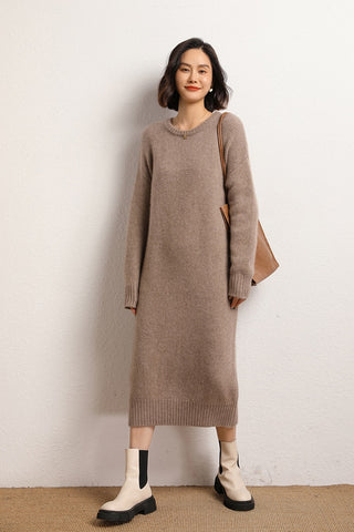Sonicelife 2023 Ladies Autumn/Winter Round Neck Long Knee Knit Casual Commute Cashmere Dress