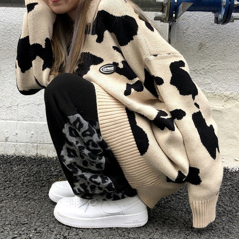 Sonicelife  Gothic Streetwear Cow Print Knitted Sweater Women Harajuku Korean Style Crewneck Oversize Jumper Female Kawaii Tops