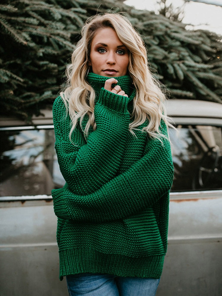 Sonicelife 2024 Autumn New Fall Outfits  Women Pullover Thick Autumn Winter Clothes Warm Knitted Oversized Turtleneck Sweater For Female Green Tops Woman Jumper