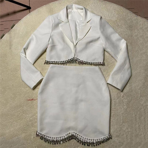 Sonicelife Long Sleeve Blazer Tops White Black Diamonds Mini Skirts Spring Autumn Fashion Streetwear Elegant Two Piece Set Women Outfits