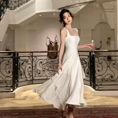Sonicelife   French Elegant Ruffles White Midi Dresses Summer New Evening Party Women Clothes Fashion Sundress Birthday Ladies Dresses