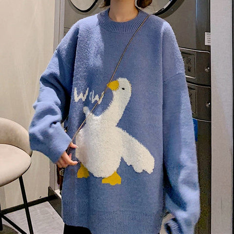 Sonicelife  Korean Style Kawaii Cartoon Goose Print Knitted Sweater Women Harajuku Oversize Crewneck Long Sleeve Jumper Pullover