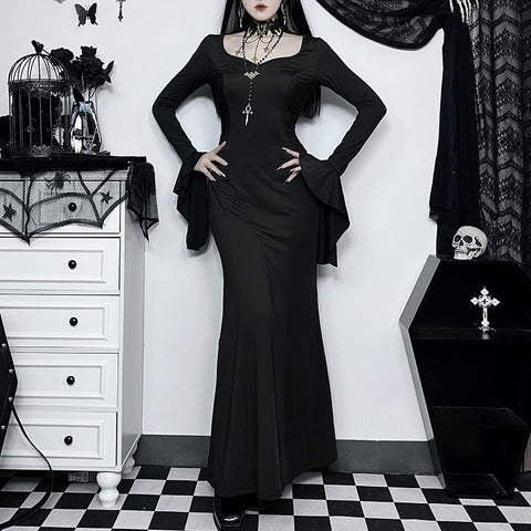 Sonicelife Halloween Gothic Dark Party Dress Women Aesthetic Vintage Elegant Nightclub Long Sleeve High Waist Trumpet Dress Female