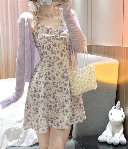 Sonicelife hoco dresses Floral Slip Dress Ladies Mini A-line Strap Dress  High Waist Ruched Purple Sundress For Women Spring  Clothing Robe Femme Fairy Dress