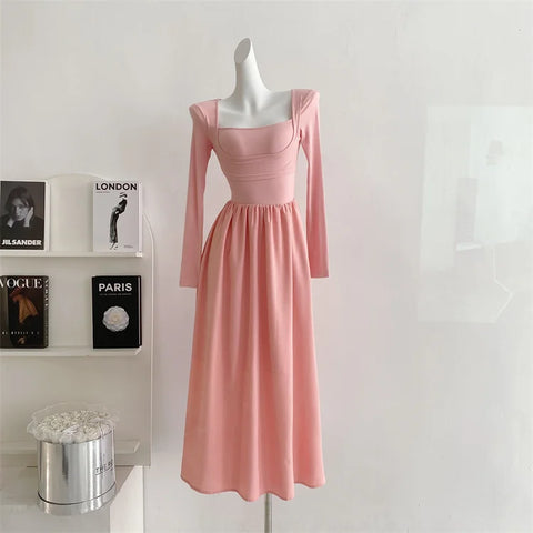 Sonicelife   -  Women Fake Two Piece Dress Solid Color Long Sleeves Square Collar Midi Dress Spring Autumn Elegant French Style Slim Waist Dress