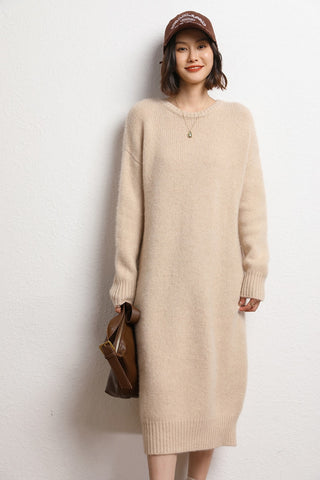 Sonicelife 2023 Ladies Autumn/Winter Round Neck Long Knee Knit Casual Commute Cashmere Dress