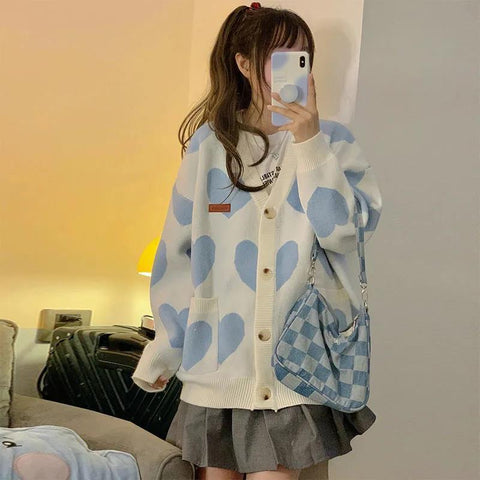 Black Friday Sonicelife Kawaii Korean Style Heart Print Blue Sweater Cardigan Women Cute Harajuku Preppy Fashion V-Neck Jumper Female  Tops