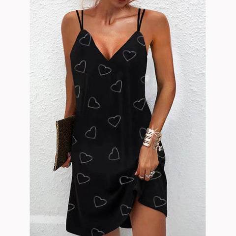 Back to school outfits  Sonicelife  Women  V Neck Printed Dress 2023 Summer Fashion Casual Loose Sleeveless Dress Female Beach Party Black Sling Mini Dresses