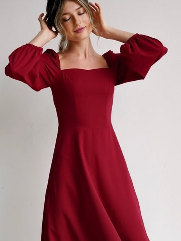 Sonicelife Red Party Dress New Year Fashion a Line Women Dress Puff Sleeve Zipper Square Collar 2024 New Midi Length Autumn Winter