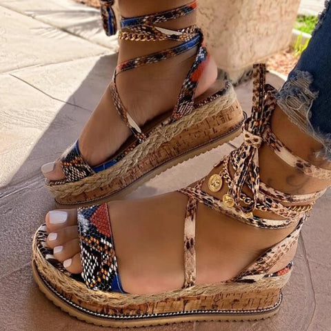 Sonicelife  New Summer Women Snake Sandals Platform Heels Cross Strap Ankle Lace Peep Toe  Beach Party Ladies Shoes Zapatos Sandals