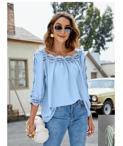 Sonicelife  Women Lace Patchwork Chiffon Blouses Square Neck Half Sleeve Pink Casual Loose Women Summer Hollow Tops Solid Tee Blouse