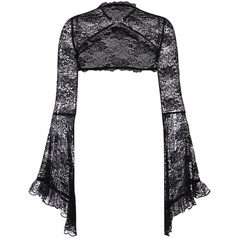 Sonicelife Halloween Lace Mall Gothic See Through Shrug Tops Grunge Aesthetic Black Flare Sleeve Crop Top Women Vintage Punk  Clothing