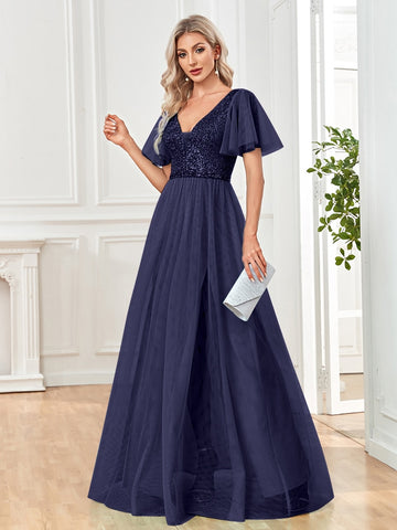 Sonicelife Elegant Sequins Evening Dress Elegant V-Neck A-line Ruffles Chiffon Robe Short Sleeves Formal Wedding Party Dresses