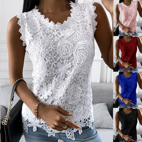 Sonicelife Women  Lace T-Shirt Summer Fashion Jacquard Sleeveless Slim Casual Tee Y2k Vintage Floral Vest Camisole Halter Top Plus Size