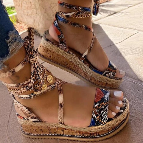 Sonicelife  New Summer Women Snake Sandals Platform Heels Cross Strap Ankle Lace Peep Toe  Beach Party Ladies Shoes Zapatos Sandals