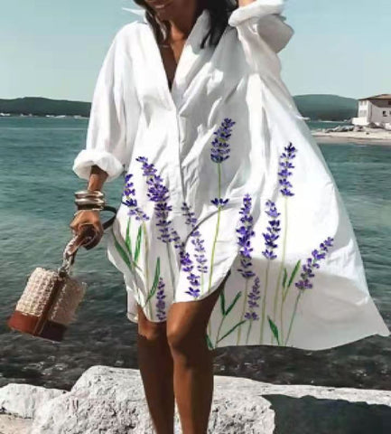 Sonicelife  Women Oversized Shirt Dress Summer Boho Casual Loose Long Sleeve Print Dresses Female  Beach Cover Up Mini Dresses Vestidos