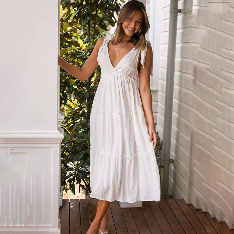 Sonicelife   Elegant V Neck Lace Up Ruffle High Waist Summer Party платье женское Sexy Backless A-Line Boho White Midi Dress Vestidos