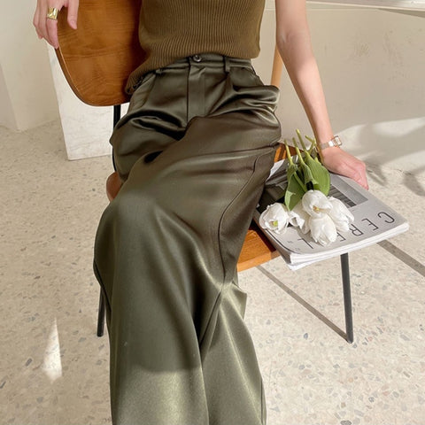 Sonicelife Early Autumn New Silk Wide Leg Pants Women's Summer Thin High Waist Draping Suit Straight Tube New Imitation Acetic Acid Satin Pants