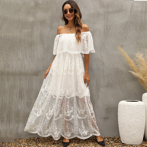 2023 Summer Boho Women Maxi Dress Loose Embroidery White Lace long Tunic Beach Dress Vacation Holiday Women Clothing