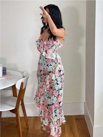 Sonicelife   Elegant Floral Printed Women's Irregular Midi Dress Sexy Backless Ruffles Pleat Dresses Robe Fashion Female High Streetwear