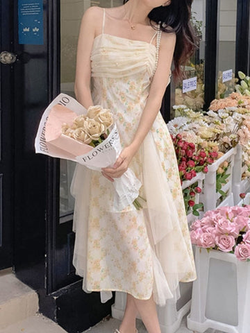 Sonicelife   Women Korean Pearls Ruched Split Fairy Dress Female Irregular Hem Lace Mesh Cute Dress Summer Lace Floral Sweet Midi Dress