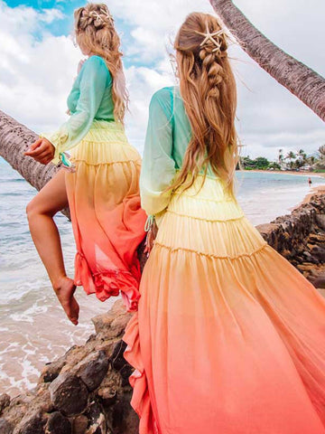 Sonicelife Chic Rainbow High Low Dress Women V-Neck Tiered Ruffle Trim Summer Dresses Casual Beach Boho Dress Chiffon Long Vestidos