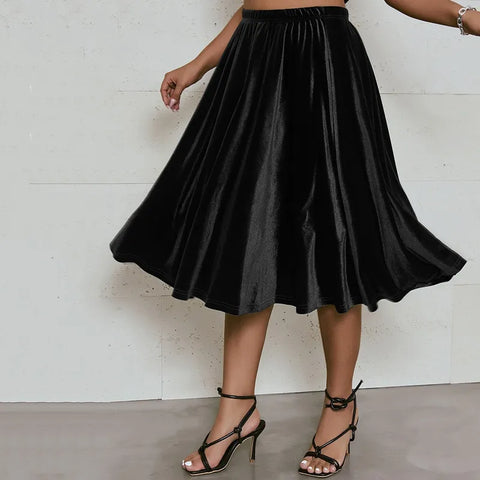 Sonicelife   Plus Size High Elastic Waist Velvet Skirt Women Solid Black Spring Autumn Midi Party Skirt A-line Flare Skirt Large Size 6XL 7XL