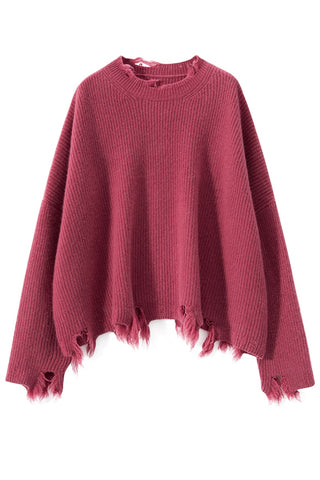 Sonicelife 2024 Autumn and Winter Women's New Irregular Raw Edge Round Neck Short Tassel Cashmere Sweater