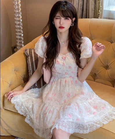 Sonicelife hoco dresses   Floral Lace Korean Sweet Dress Women France Vintage Elegant Party Mini Dresses Female Print Casual Beach Boho Fairy Dress Summer