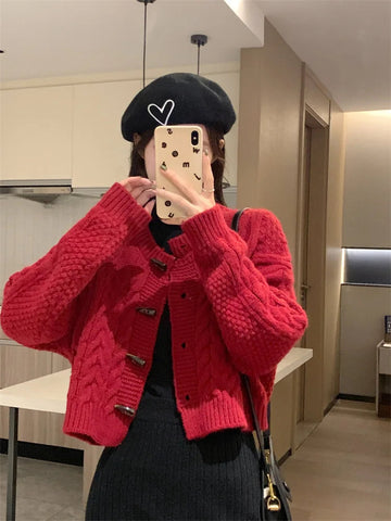 Sonicelife Crop Knit Cardigan Sweater for Women New Knitwear Long Sleeve Slim O-neck Tops Coat 2023 Korea Autumn Winter Women's Clothes