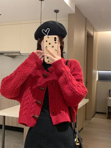 Sonicelife Crop Knit Cardigan Sweater for Women New Knitwear Long Sleeve Slim O-neck Tops Coat 2024 Korea Autumn Winter Women's Clothes