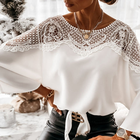 Sonicelife  Casual Women Batwing Sleeve Solid Blouse Elegant Spring Lace Crochet Hollow Out Shirts Office Ladies O Neck Pullover Tops Blusas