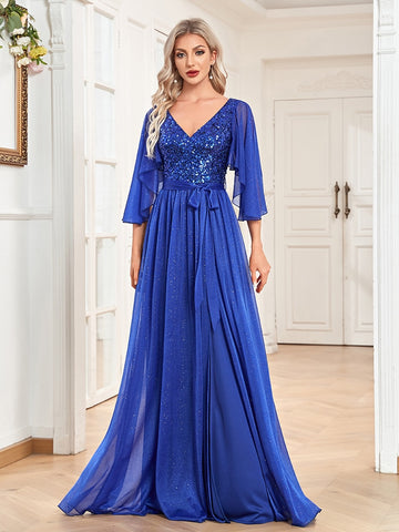 Sonicelife Sequin Maxi V-neck Dress Women 2024 Elegant Flared Sleeves Chiffon Party Dress Wedding Evening Dresses Vestidos