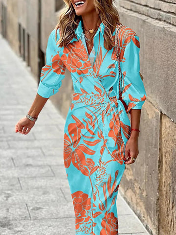 Sonicelife  Elegant Ladies Design Tie-Up Commute Sundress Women Boho Folds Beach Dress Fashion Street New Printed Long Sleeve Cover-Ups Robe